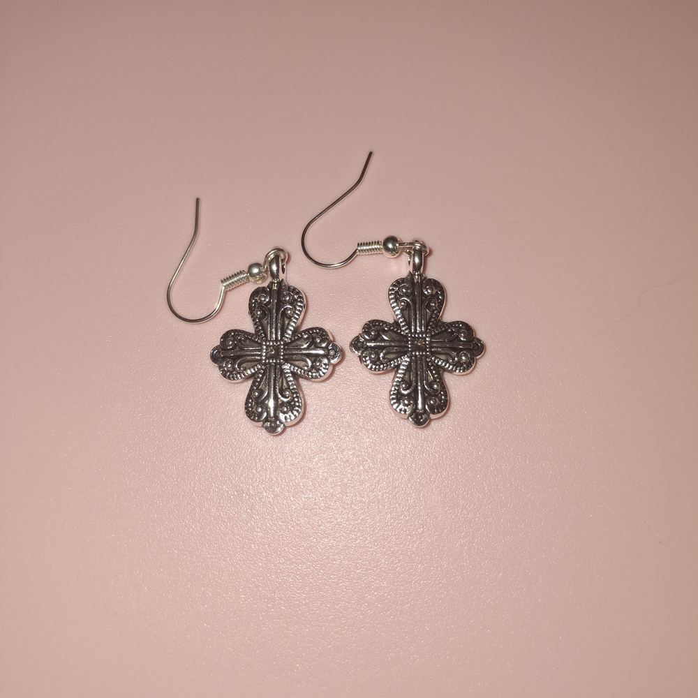 Silver-Tone Floral Cross Drop Earrings